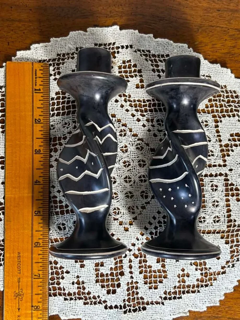 Pair of Vintage Kenyan Carved Soapstone Twisted Candlestick Holders 6.25”